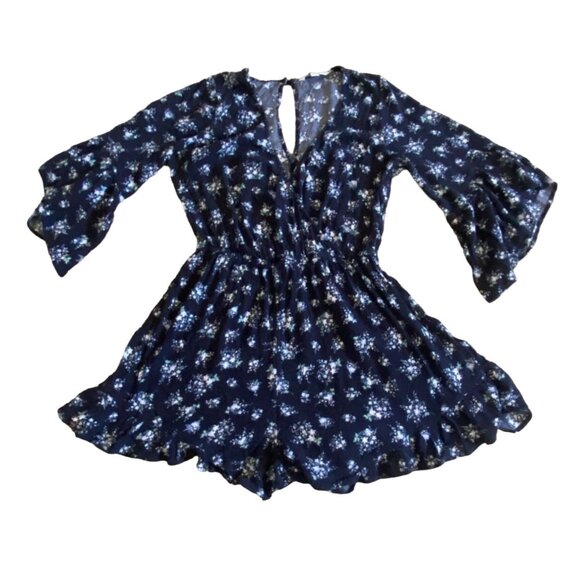 American Eagle Outfitters Bell Sleeve Floral Romper-Size M-Navy Blue-GUC - Picture 1 of 9
